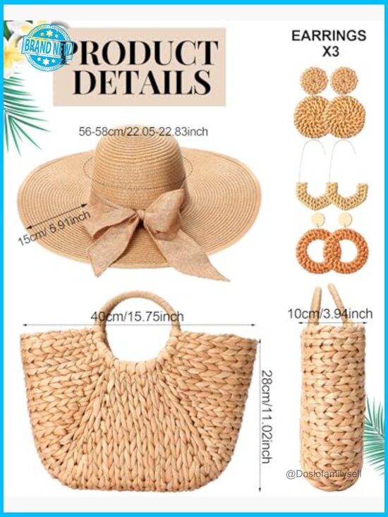 Large Straw Beach Bag and Hat Set with 3 Rattan Earrings Boho Summer Accessories main image 4